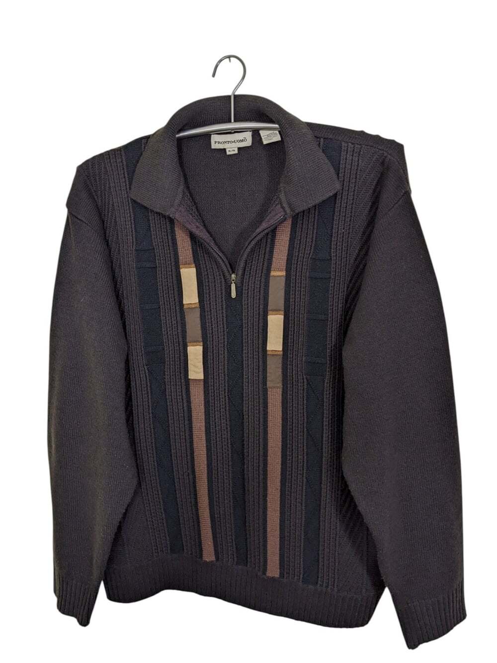 Pronto Uomo Vintage Wool Blend Grandpa Pull Over Sweater Brown Quarter Zip XL